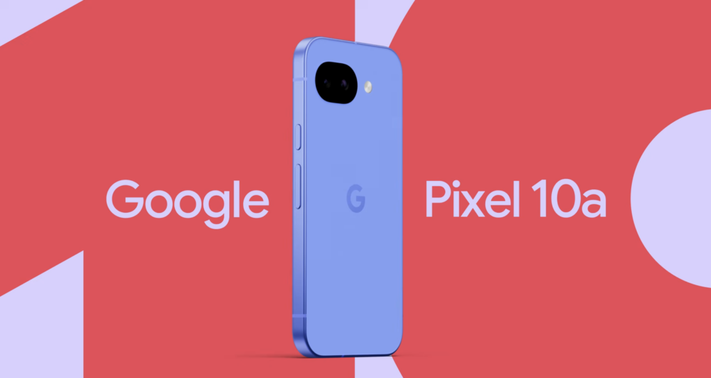 Google Pixel 10a in lila Farbe, seitlich präsentiert vor einem roten Hintergrund.