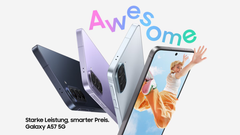 Samsung Galaxy A57 5G Smartphone mit 6,7-Zoll AMOLED-Display in Multi-Farb-Designs, Vorder- und Rückseite sichtbar, Markenname Samsung